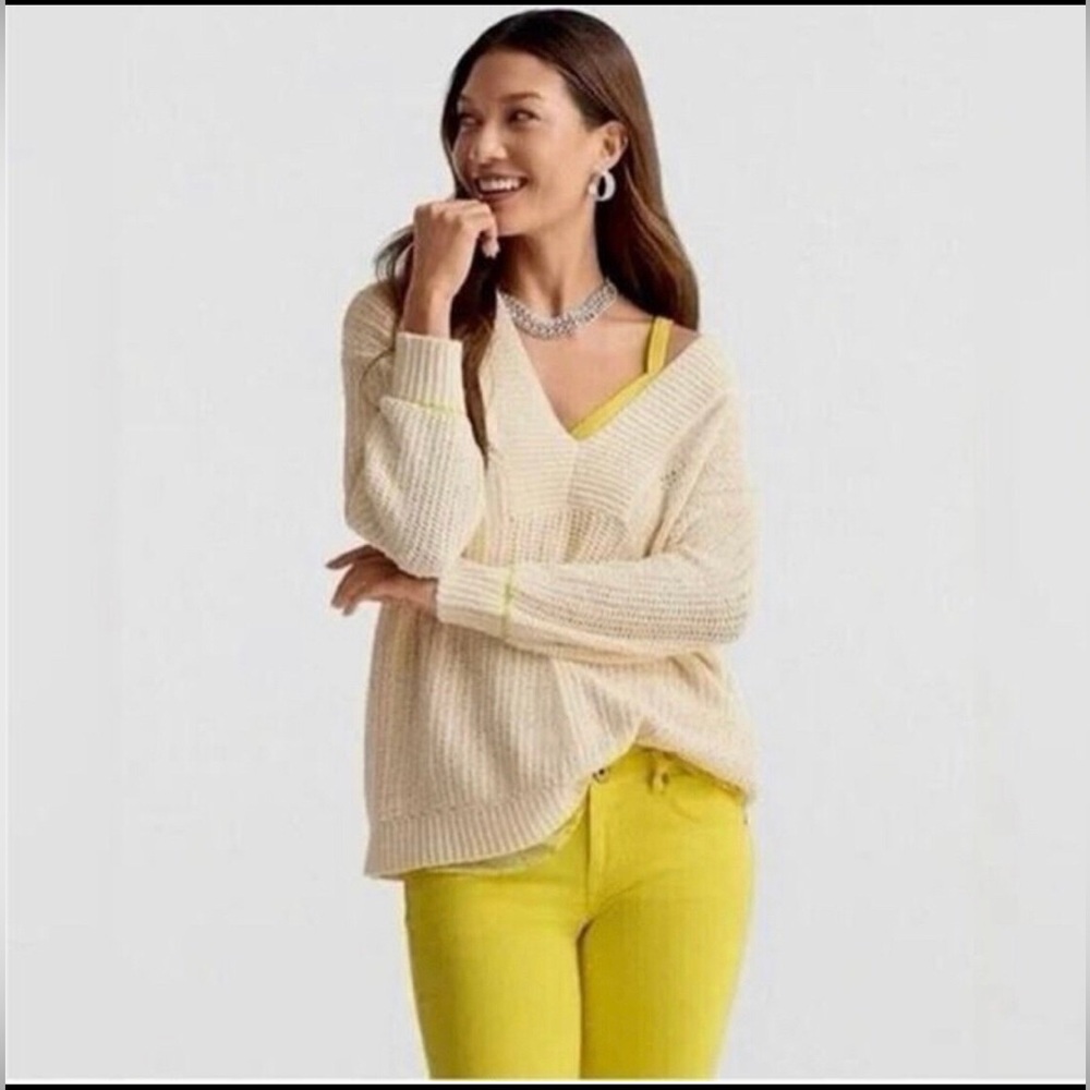 NWOT CAbi Croquet Cozy V-Neck Cream Knit Sweater Pullover Cotton Size Large - Picture 3 of 11